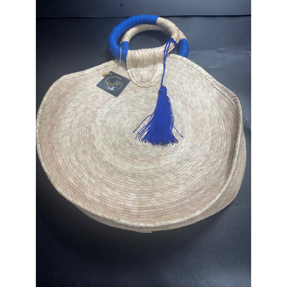 By Del Rio Round Woven Straw Tote Bag Blue Tassel Sustainable Mexican 00-135 NEW